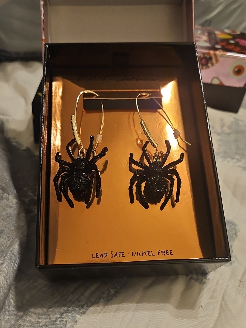 NWT Betsey Johnson Black Rhinestone Spider Drop Earrings Halloween